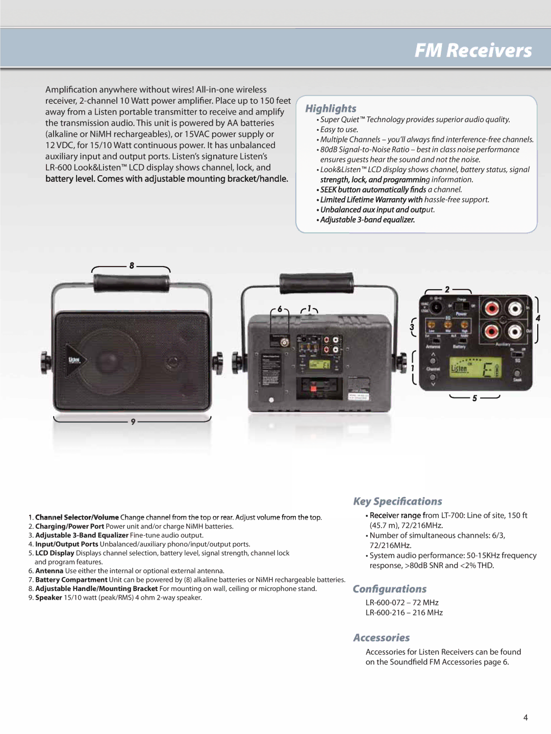 Listen Technologies LS-60 manual FM Receivers, Adjustable 3-Band Equalizer Fine-tune audio output 