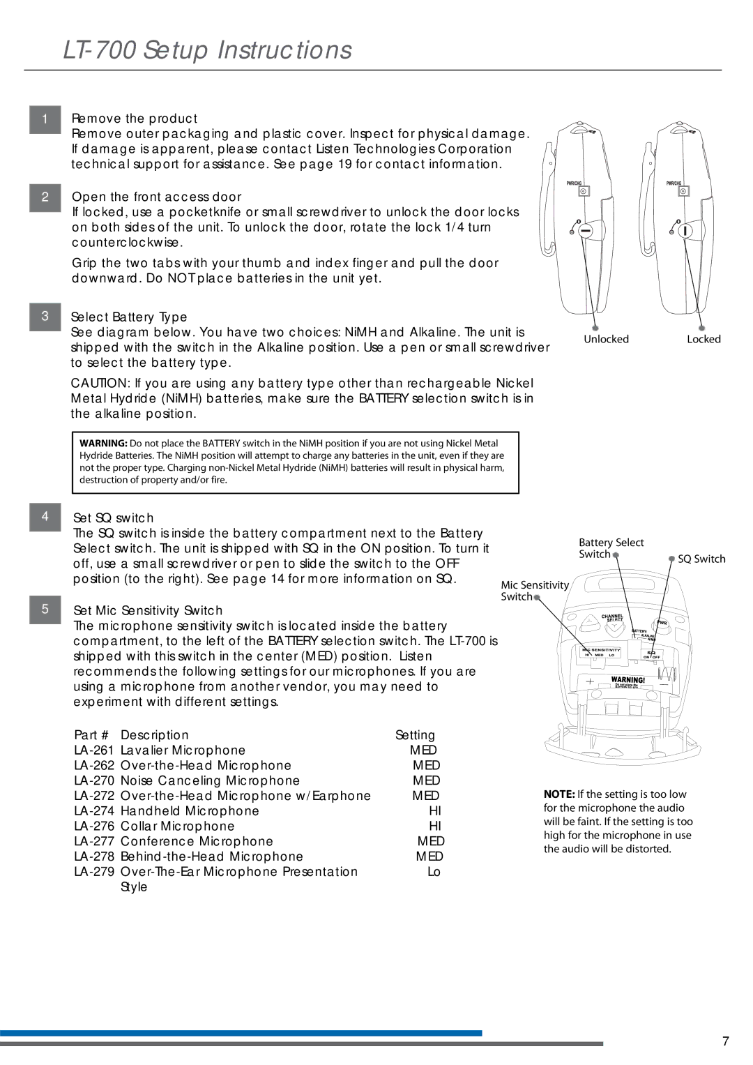 Listen Technologies LT-700-150 manual LT-700 Setup Instructions 