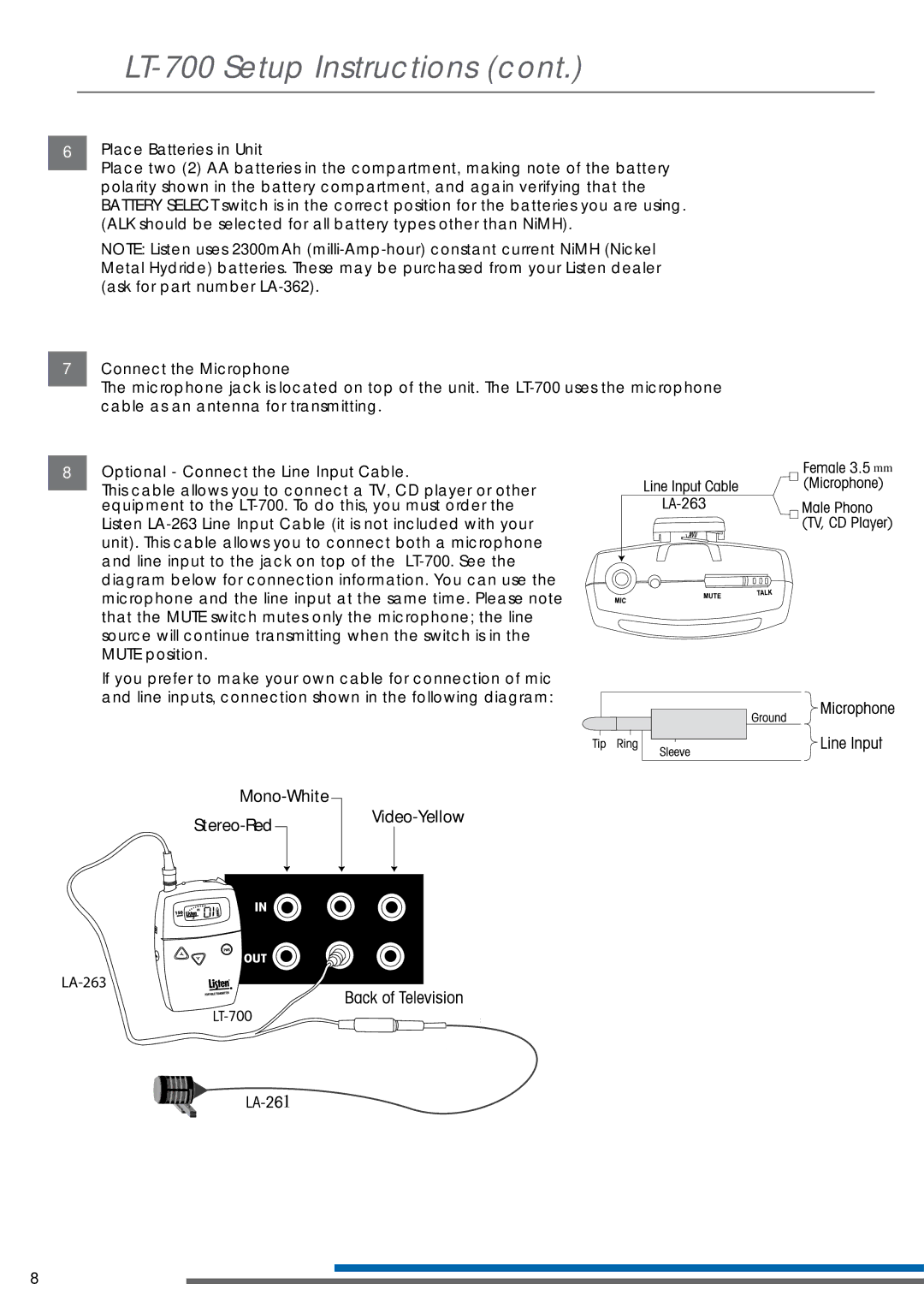 Listen Technologies LT-700-150 Place Batteries in Unit, Connect the Microphone, Optional Connect the Line Input Cable 