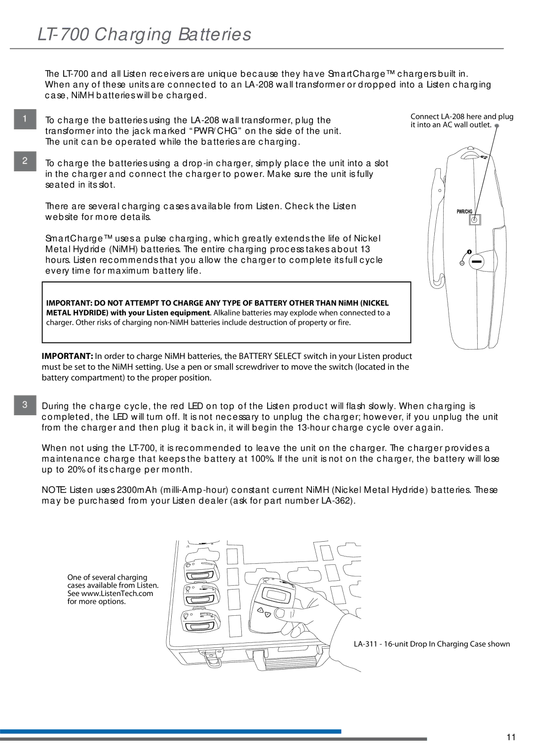 Listen Technologies LT-700-150 manual LT-700 Charging Batteries 