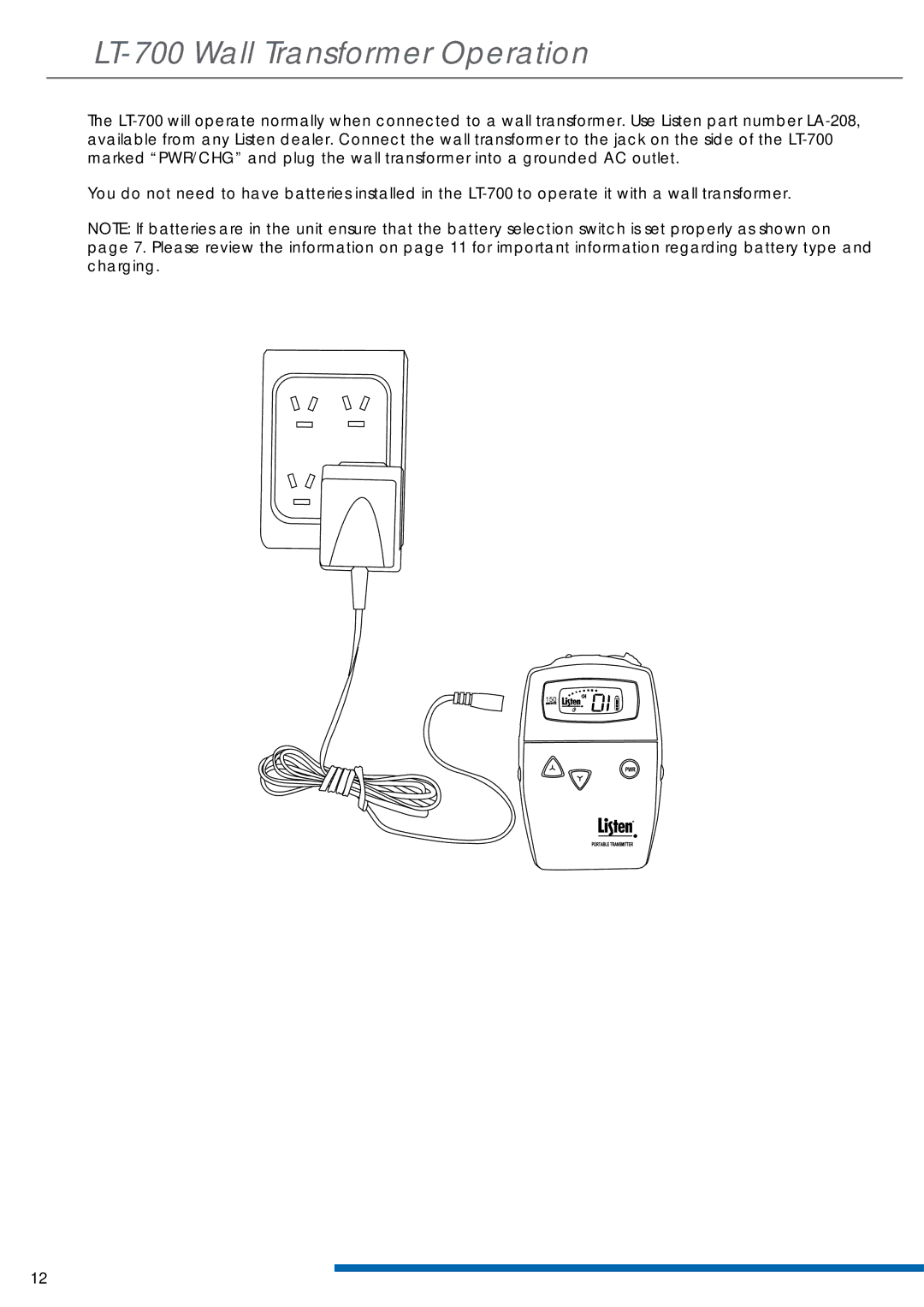 Listen Technologies LT-700-150 manual LT-700 Wall Transformer Operation 