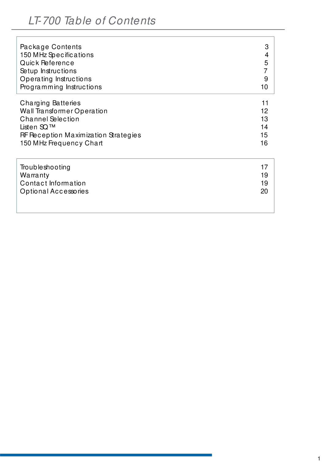 Listen Technologies LT-700-150 manual LT-700 Table of Contents 