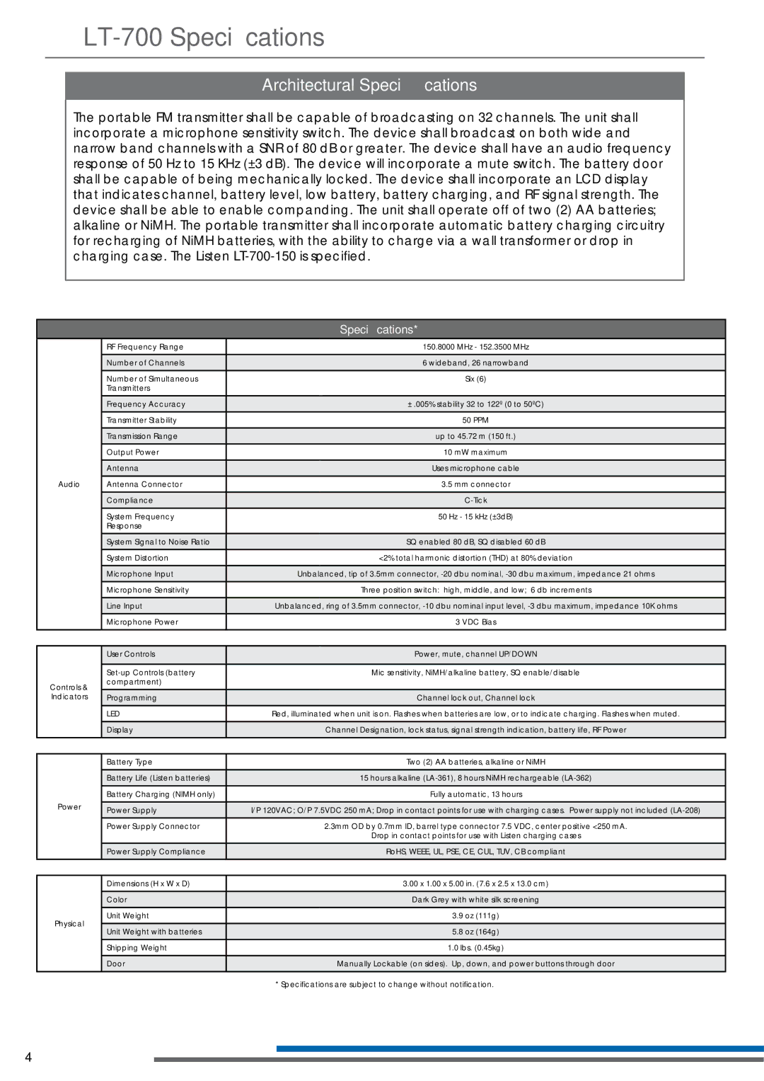 Listen Technologies LT-700-150 manual LT-700 Speciﬁcations, Architectural Speciﬁcations 