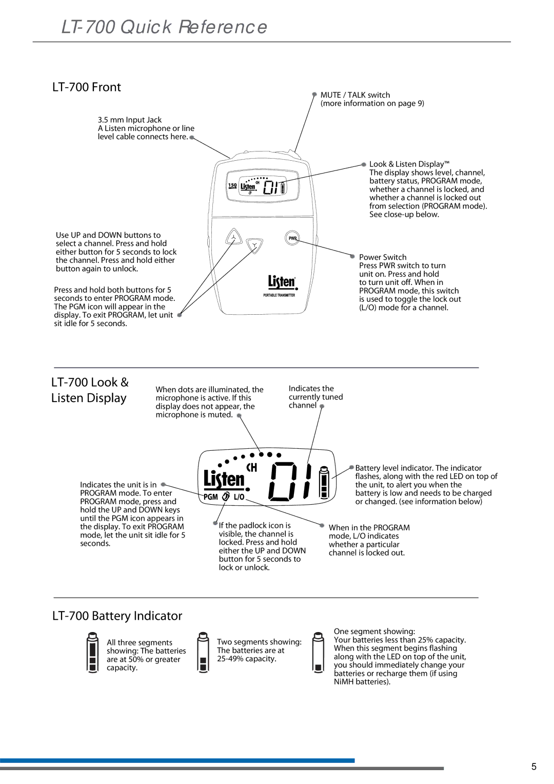 Listen Technologies LT-700-150 manual LT-700 Quick Reference, LT-700 Front 