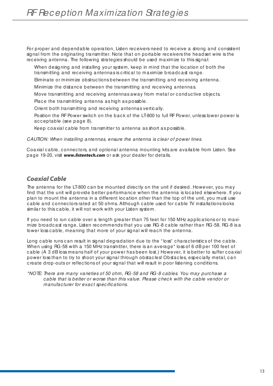 Listen Technologies LT-800-150 manual RF Reception Maximization Strategies, Coaxial Cable 