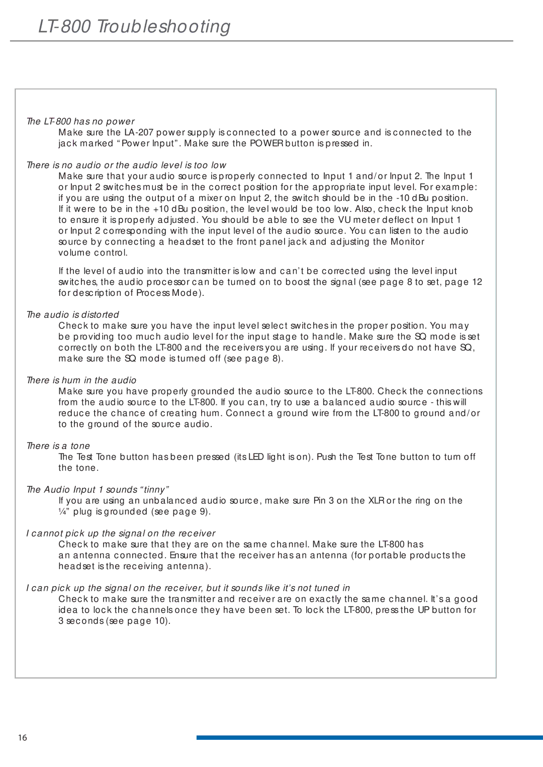 Listen Technologies LT-800-150 manual LT-800 Troubleshooting 