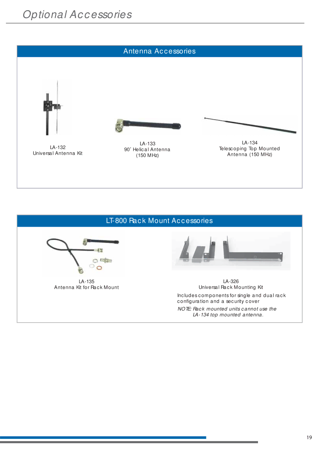 Listen Technologies LT-800-150 manual Optional Accessories, Antenna Accessories, LT-800 Rack Mount Accessories 