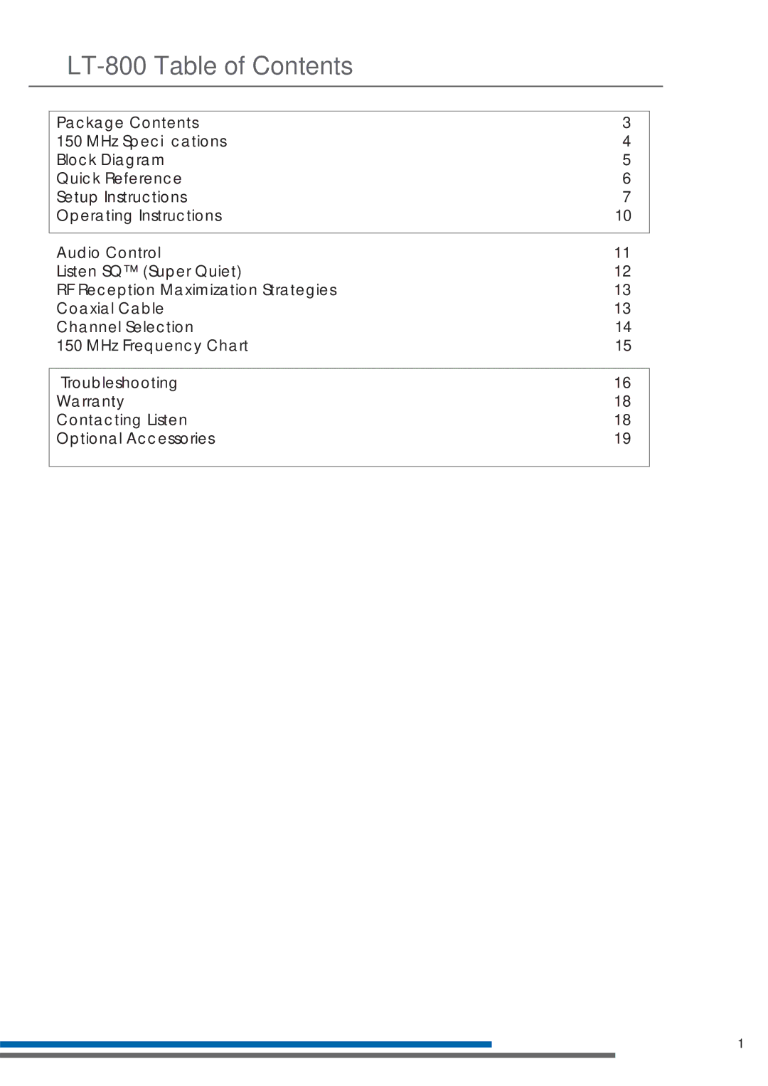 Listen Technologies LT-800-150 manual LT-800 Table of Contents 