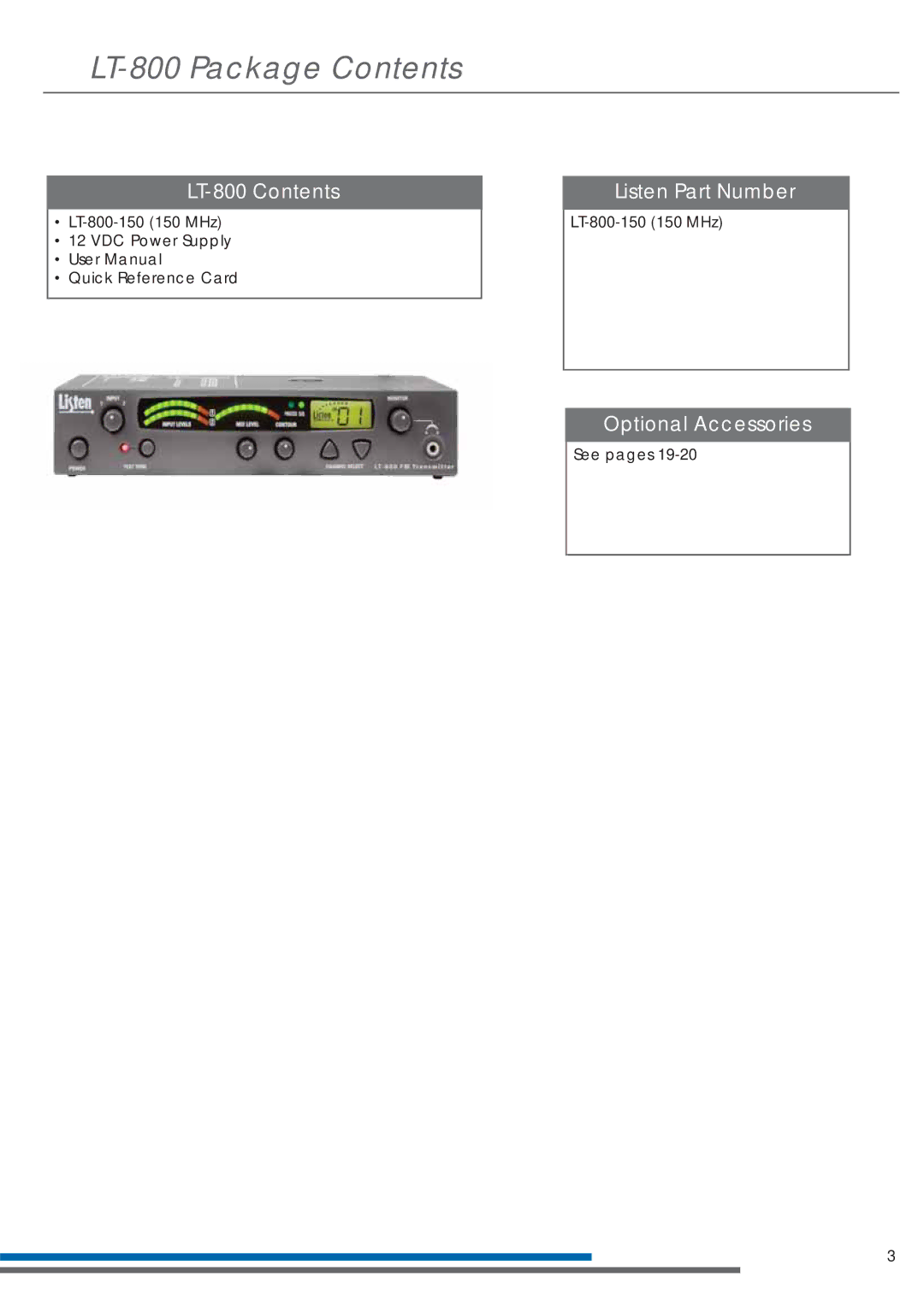 Listen Technologies LT-800-150 manual LT-800 Package Contents 