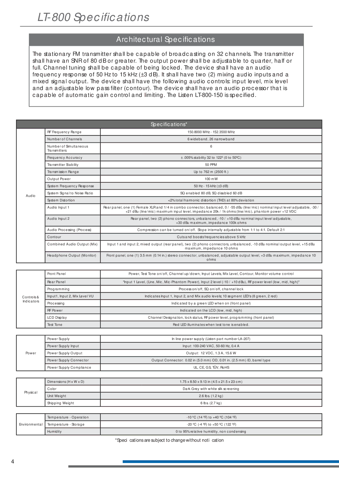 Listen Technologies LT-800-150 manual LT-800 Speciﬁcations, Architectural Speciﬁcations 