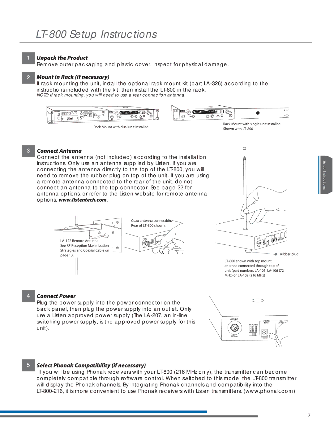 Listen Technologies LT- 800-072, LT-800-216 manual LT-800 Setup Instructions 