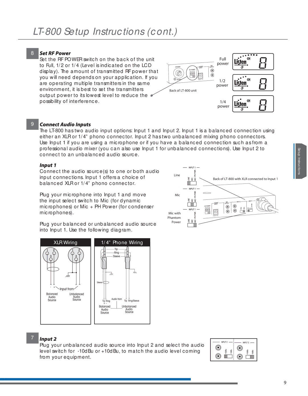 Listen Technologies LT- 800-072, LT-800-216 manual Set RF Power, Connect Audio Inputs 