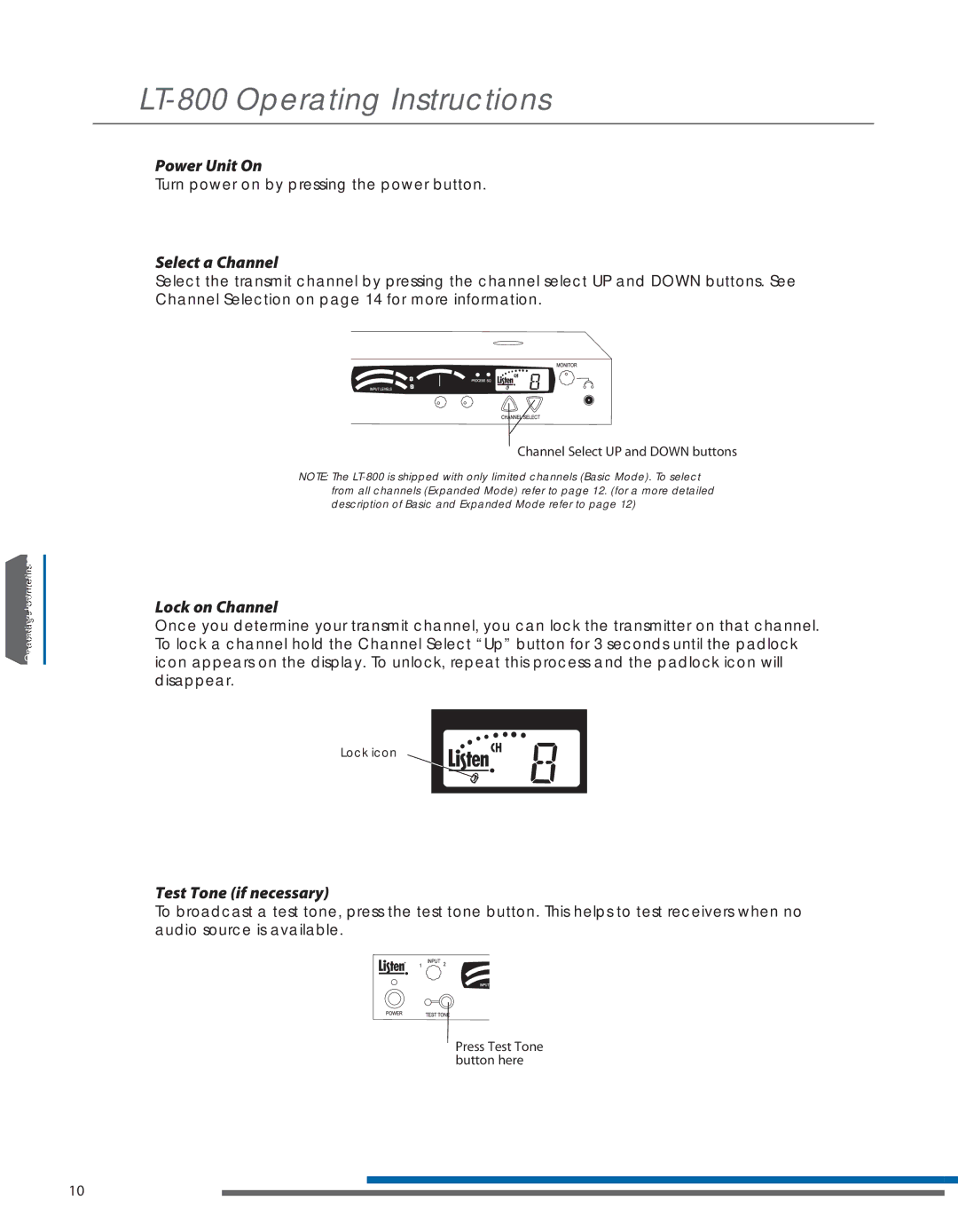 Listen Technologies LT-800-216 manual LT-800 Operating Instructions, Power Unit On, Select a Channel, Lock on Channel 