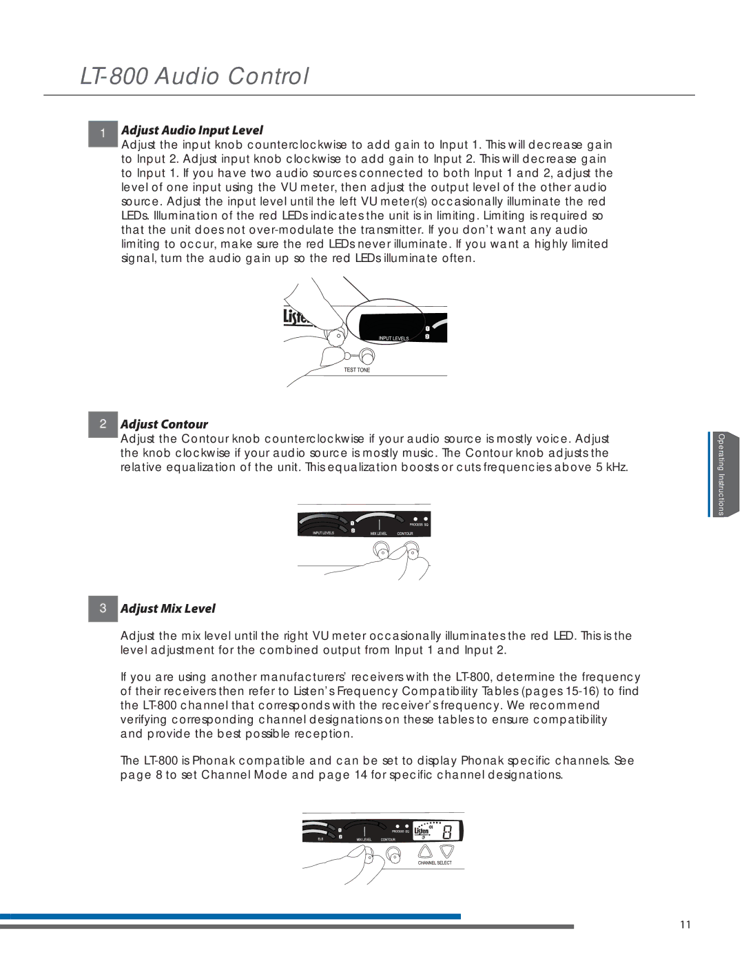 Listen Technologies LT- 800-072 manual LT-800 Audio Control, Adjust Audio Input Level, Adjust Contour, Adjust Mix Level 