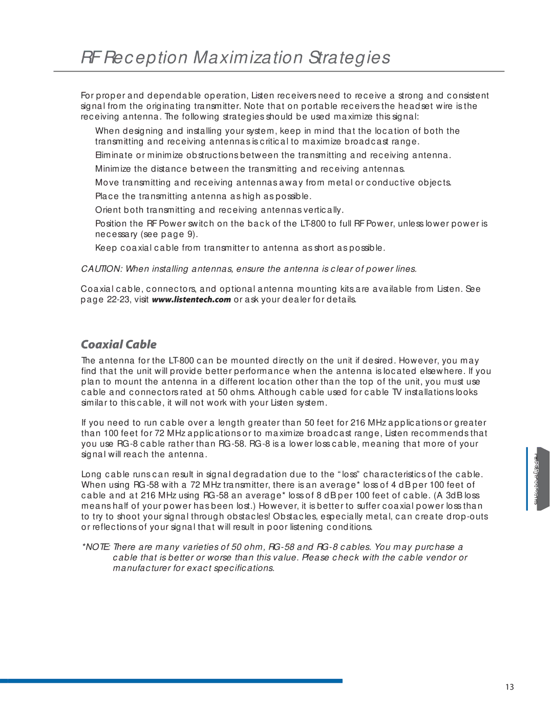 Listen Technologies LT- 800-072, LT-800-216 manual RF Reception Maximization Strategies, Coaxial Cable 