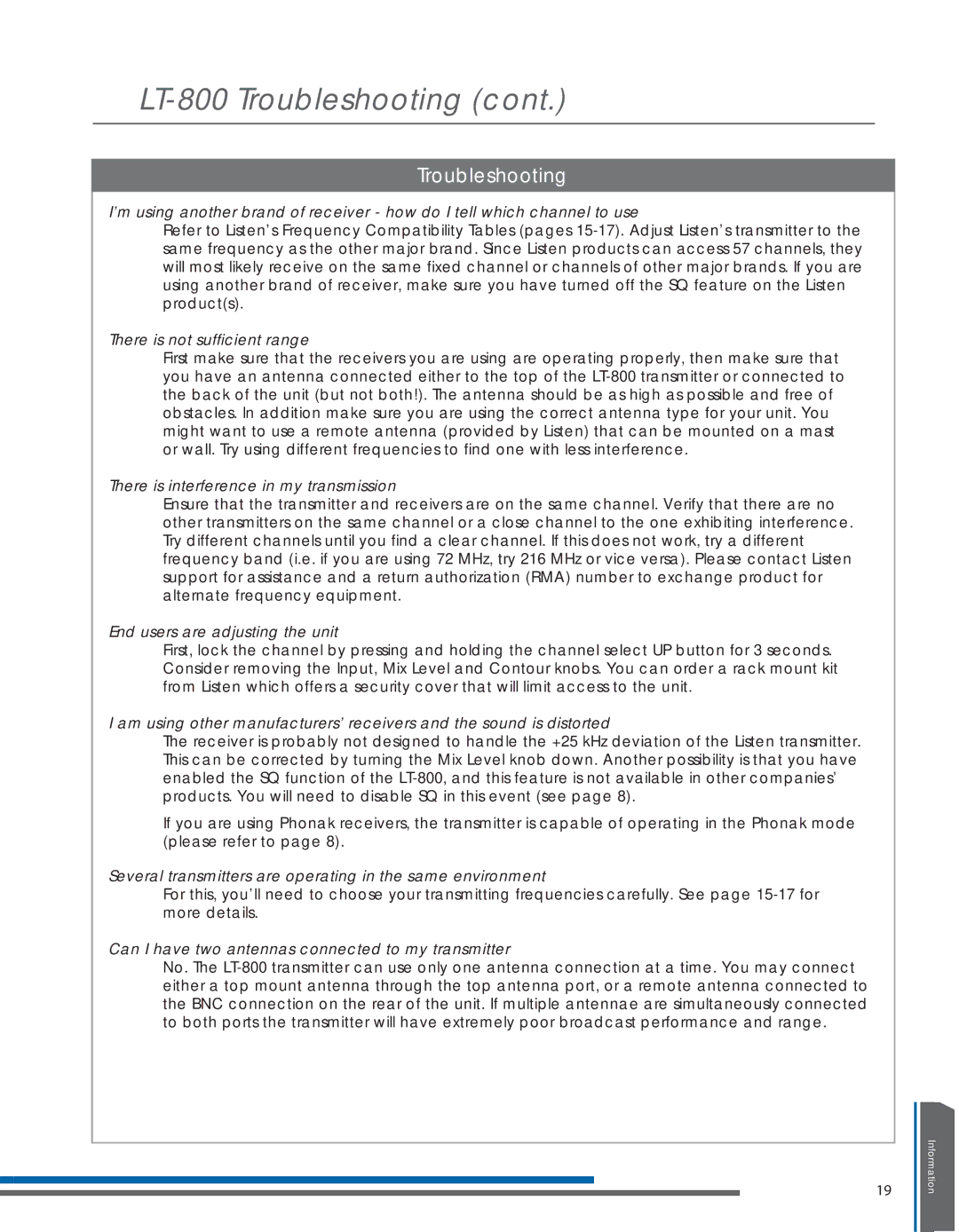 Listen Technologies LT- 800-072, LT-800-216 manual There is not sufficient range 