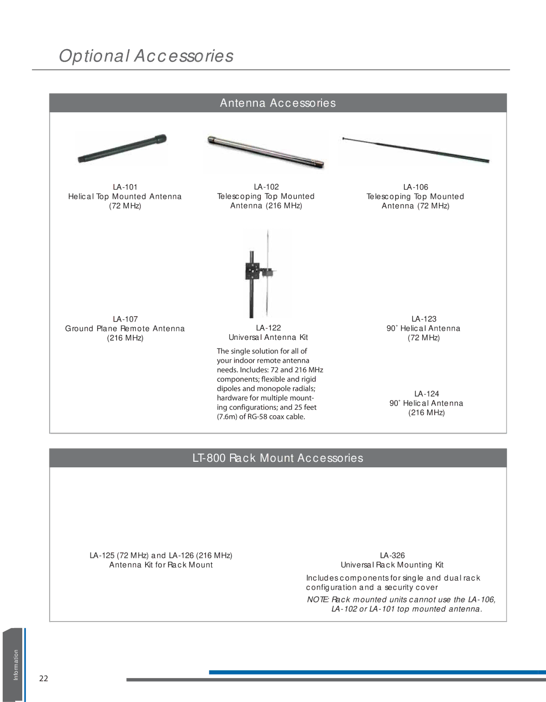 Listen Technologies LT-800-216, LT- 800-072 manual Optional Accessories, Antenna Accessories, LT-800 Rack Mount Accessories 