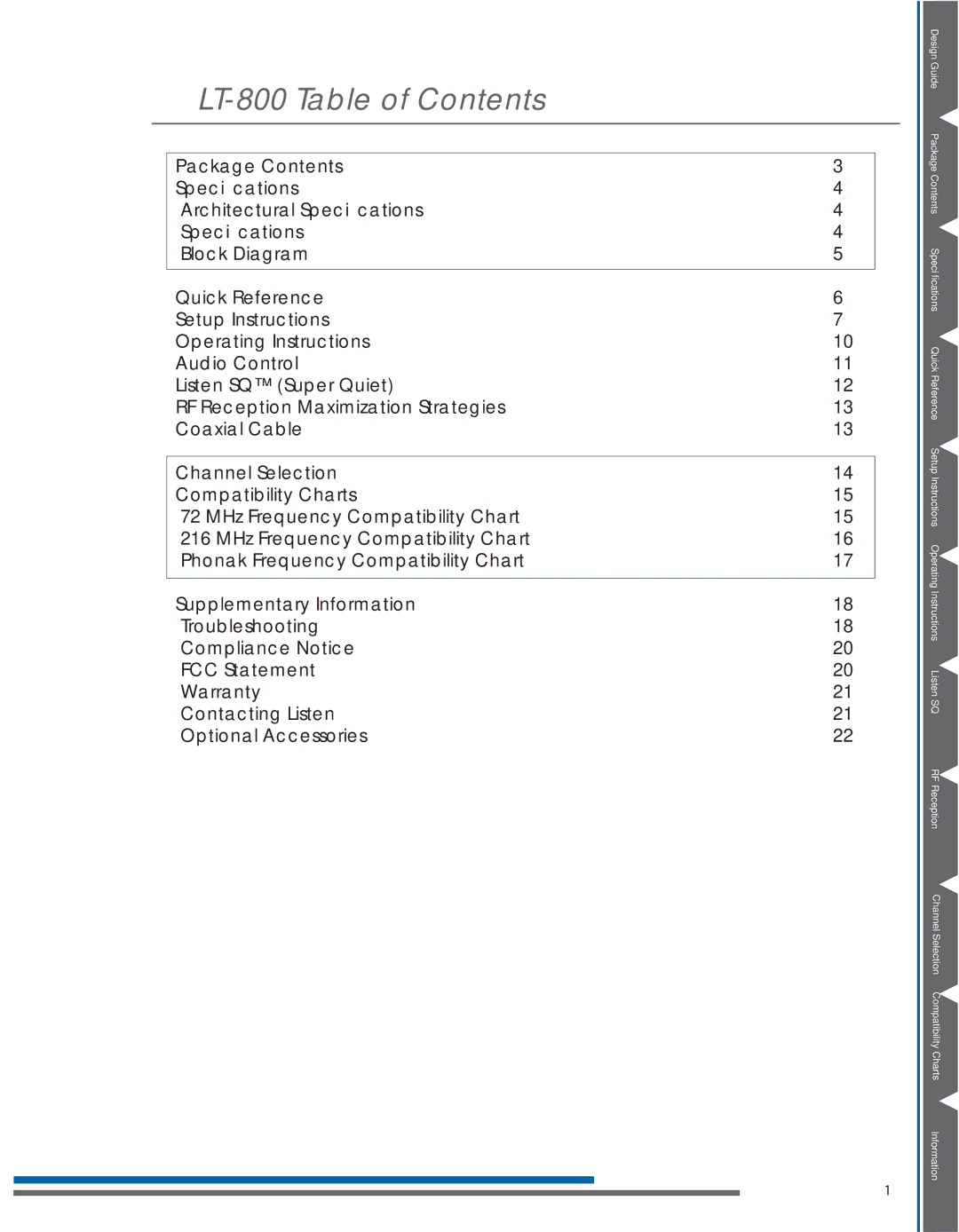 Listen Technologies LT- 800-072, LT-800-216 manual LT-800 Table of Contents 