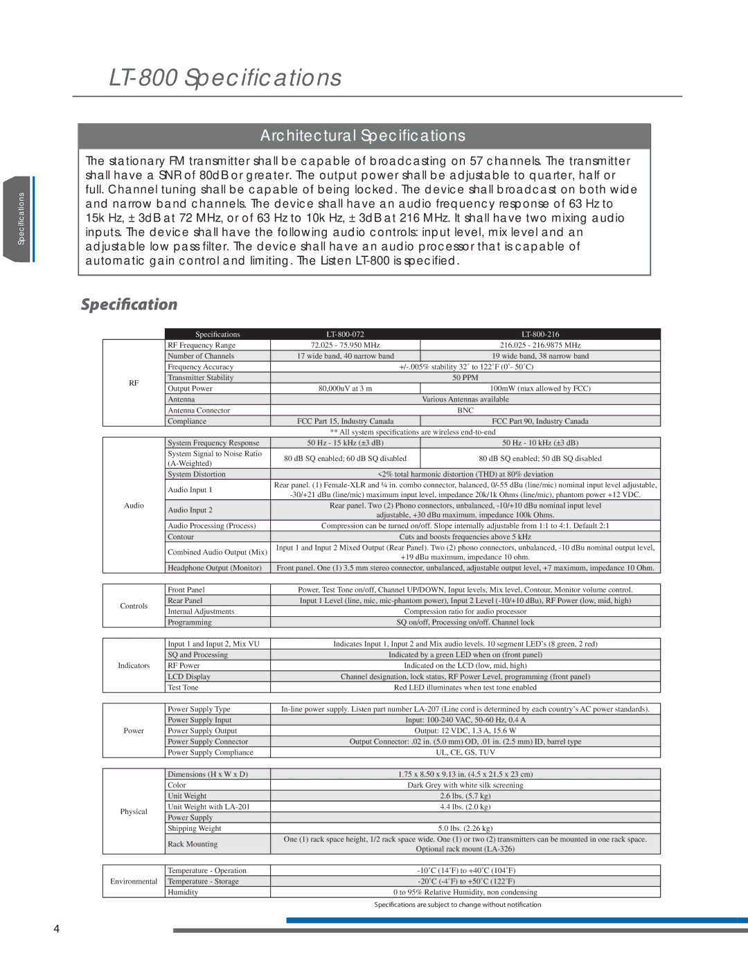 Listen Technologies LT-800-216, LT- 800-072 manual LT-800 Speciﬁcations, Architectural Speciﬁcations 