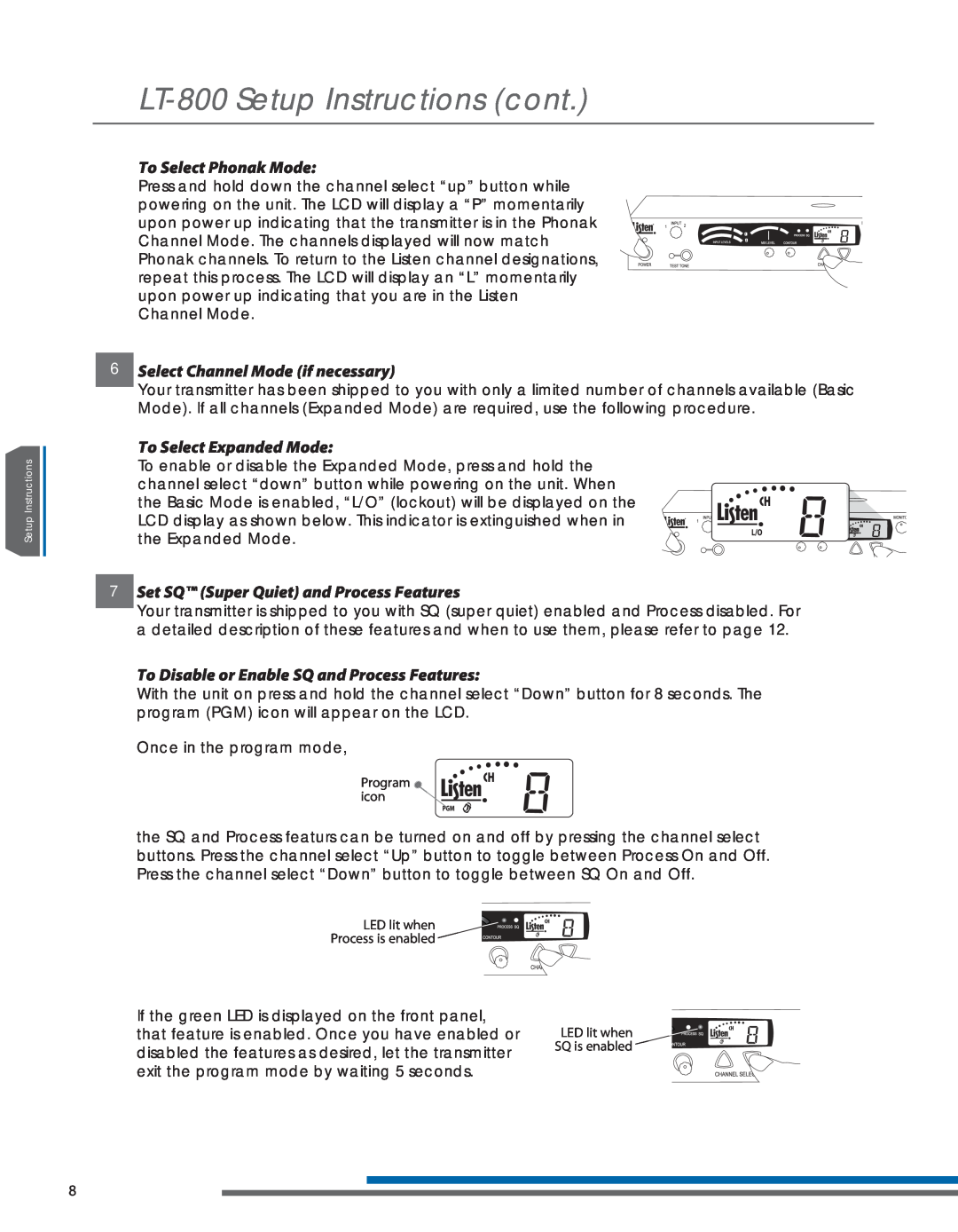 Listen Technologies LT-800-216 LT-800Setup Instructions cont, To Select Phonak Mode, 6Select Channel Mode if necessary 