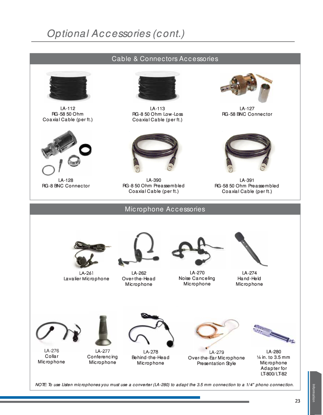 Listen Technologies LT- 800-072 manual Optional Accessories cont, Cable & Connectors Accessories, Microphone Accessories 