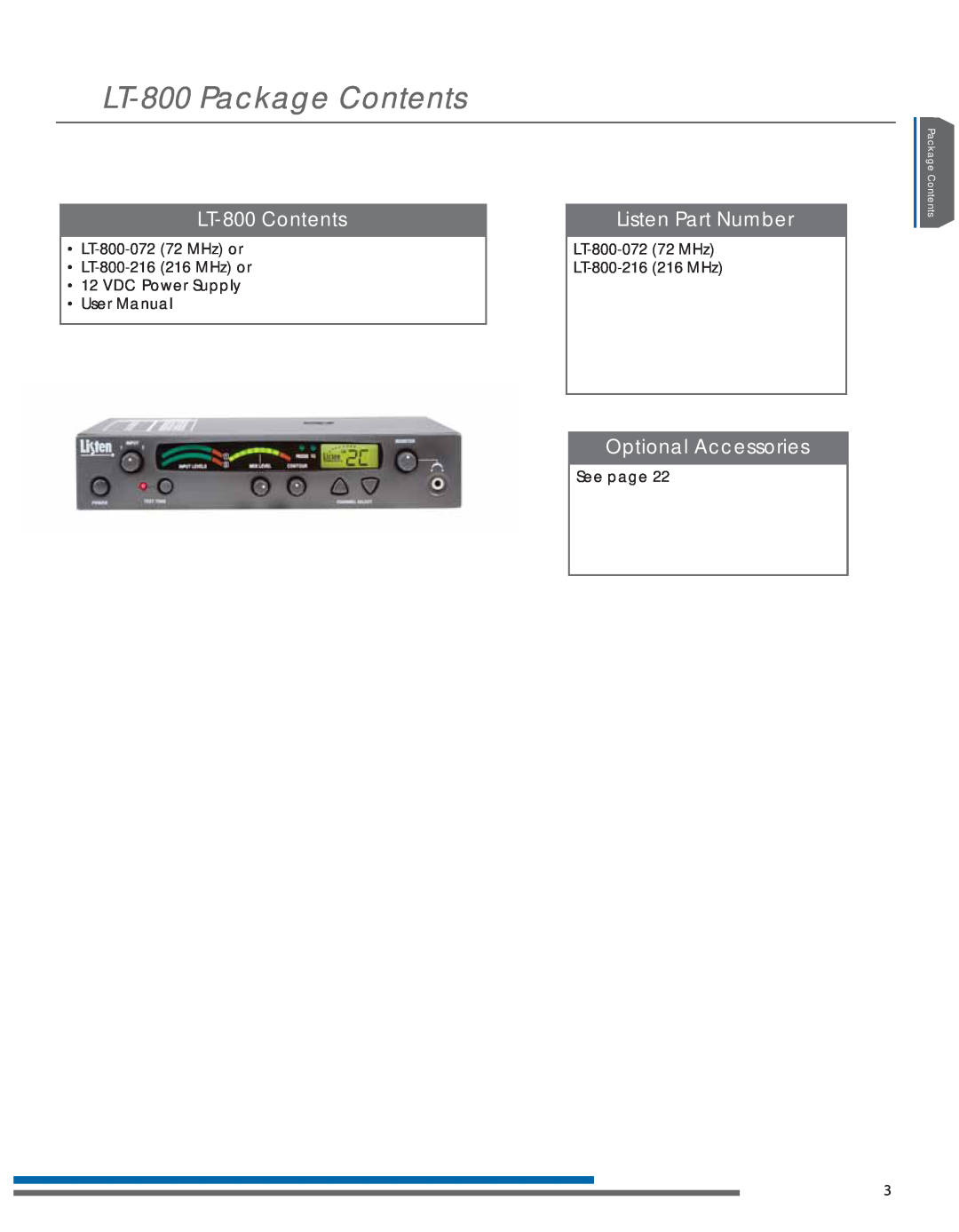 Listen Technologies LT- 800-072 manual LT-800Package Contents, LT-800Contents, Listen Part Number, Optional Accessories 