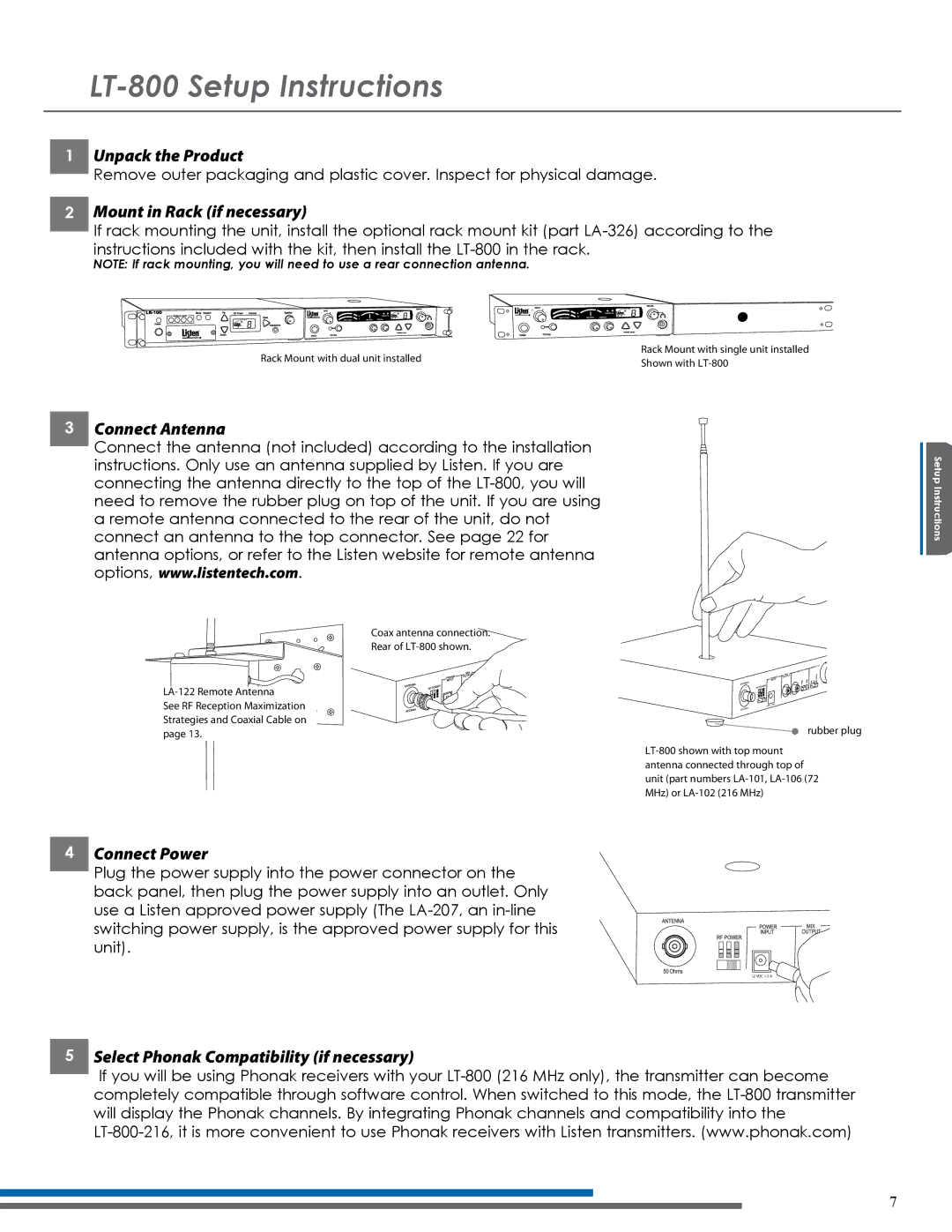 Listen Technologies LT-800-072, LT-800-216 manual LT-800 Setup Instructions 