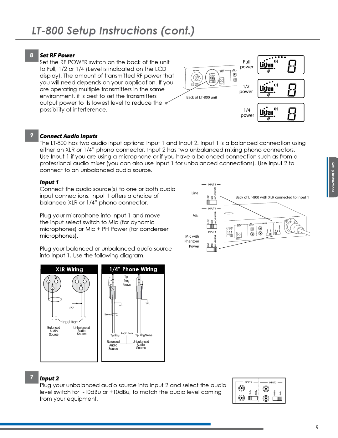 Listen Technologies LT-800-072, LT-800-216 manual Set RF Power, Connect Audio Inputs 