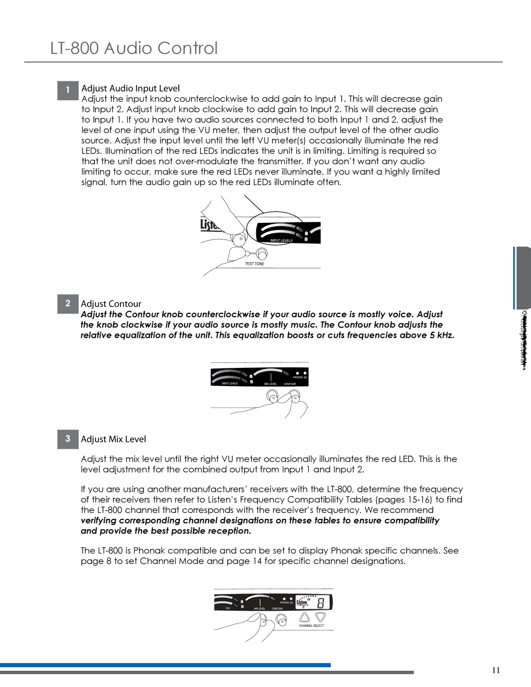 Listen Technologies LT-800-072 manual LT-800 Audio Control, Adjust Audio Input Level, Adjust Contour, Adjust Mix Level 