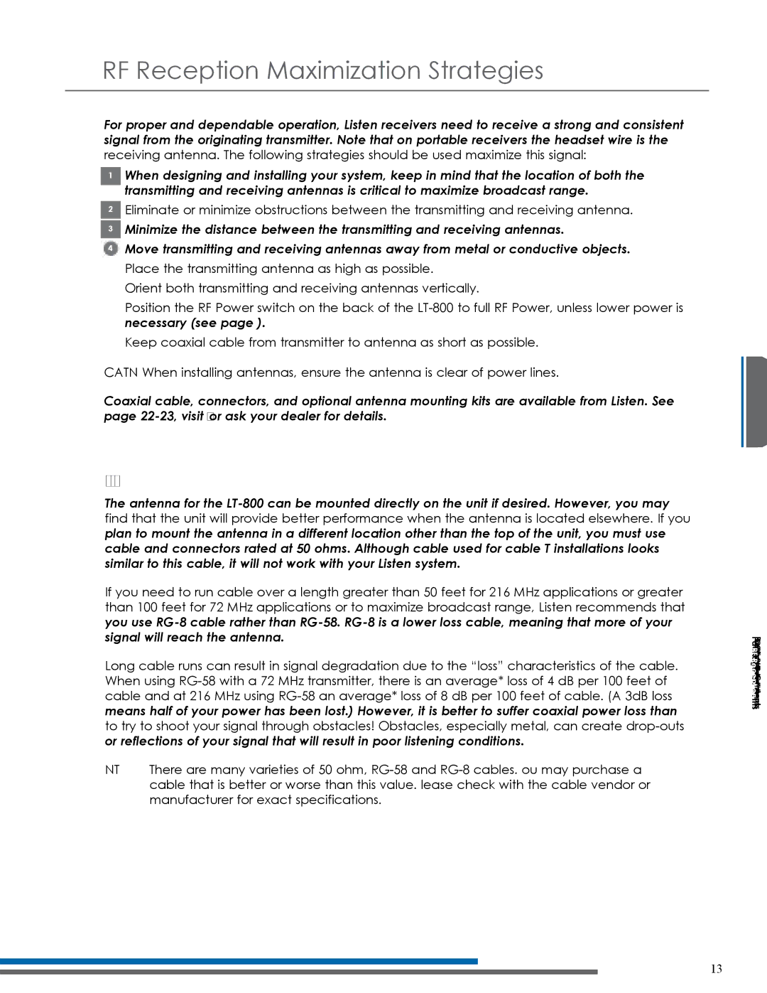 Listen Technologies LT-800-072, LT-800-216 manual RF Reception Maximization Strategies, Coaxial Cable 