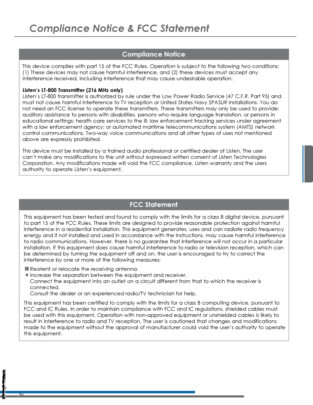 Listen Technologies LT-800-216, LT-800-072 manual Compliance Notice & FCC Statement 