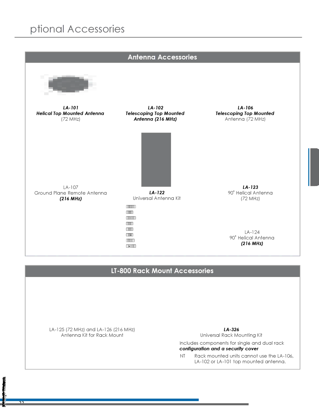 Listen Technologies LT-800-216, LT-800-072 manual Optional Accessories, Antenna Accessories, LT-800 Rack Mount Accessories 