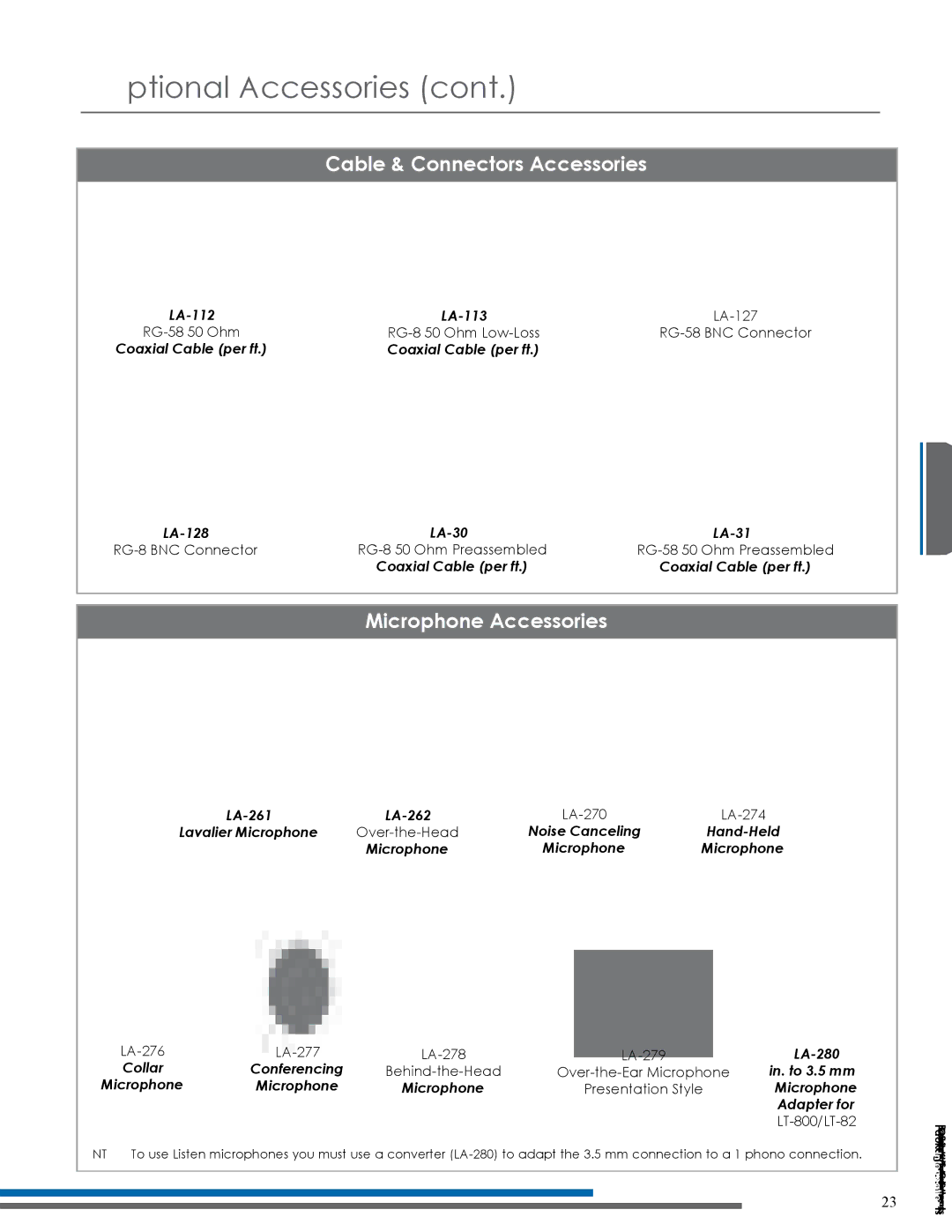 Listen Technologies LT-800-072, LT-800-216 manual Cable & Connectors Accessories, Microphone Accessories 