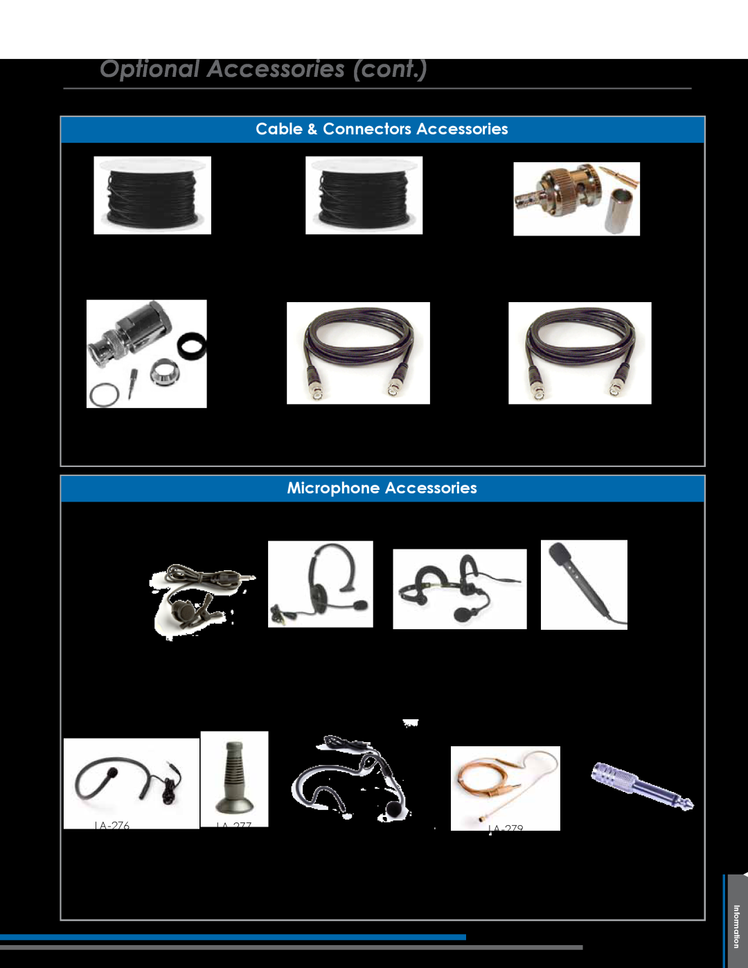 Listen Technologies LT-800-072 manual Optional Accessories cont, Cable & Connectors Accessories, Microphone Accessories 