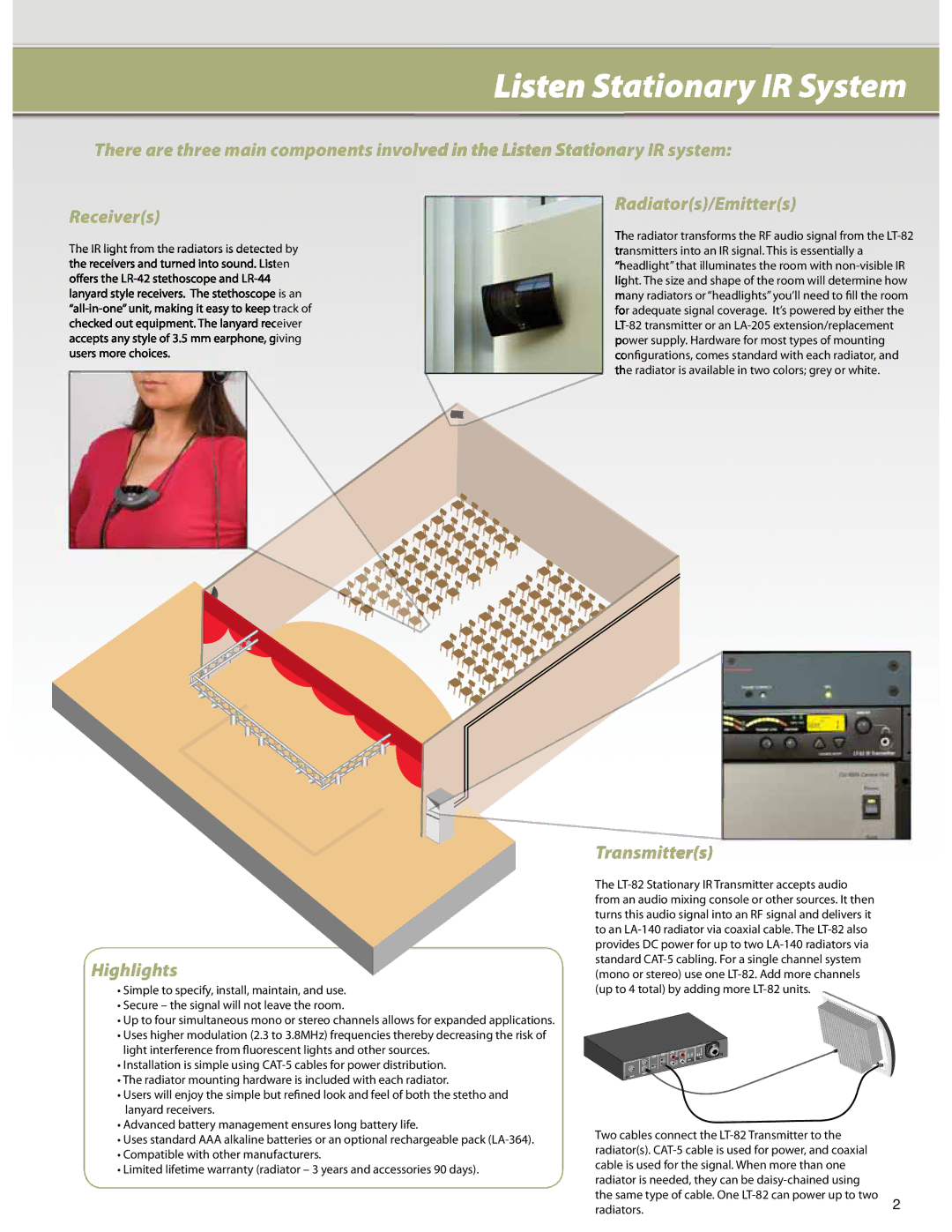 Listen Technologies LT-82 manual Listen Stationary IR System, Radiators/Emitters, Highlights, Transmitters 