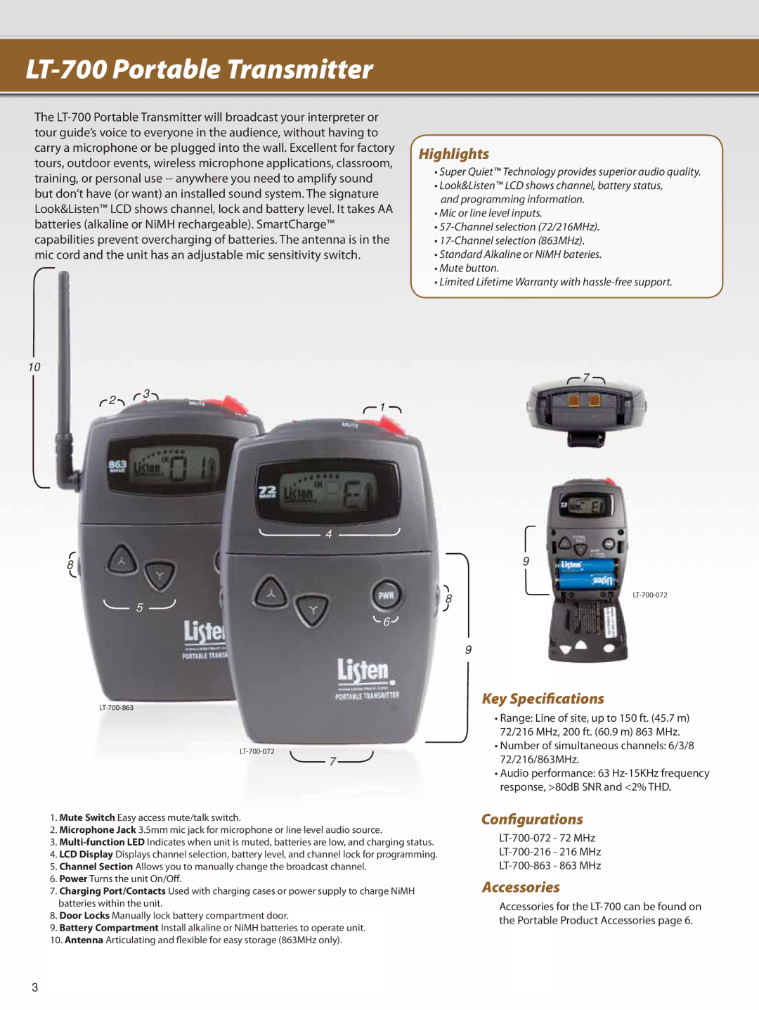 Listen Technologies Portable FM manual LT-700 Portable Transmitter, Key Specifications, Configurations, Accessories 