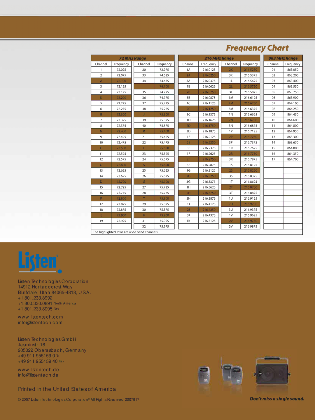 Listen Technologies Portable FM manual Frequency Chart 