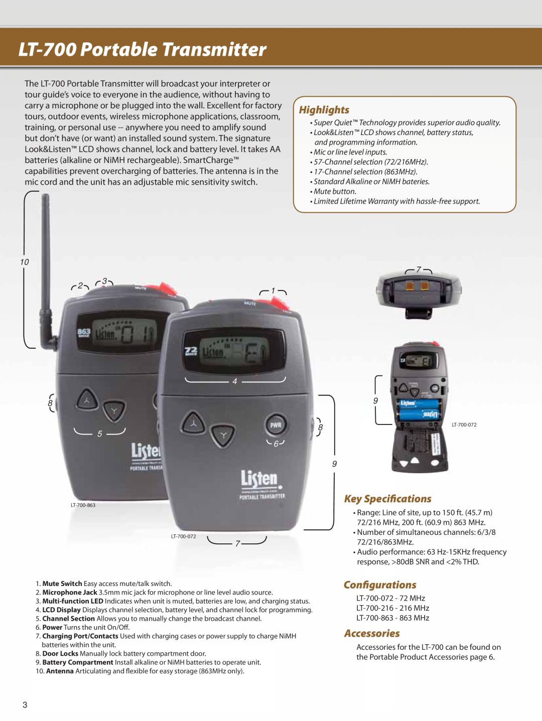 Listen Technologies Portable FM LT-700Portable Transmitter, Key Specifications, Configurations, Accessories, Highlights 