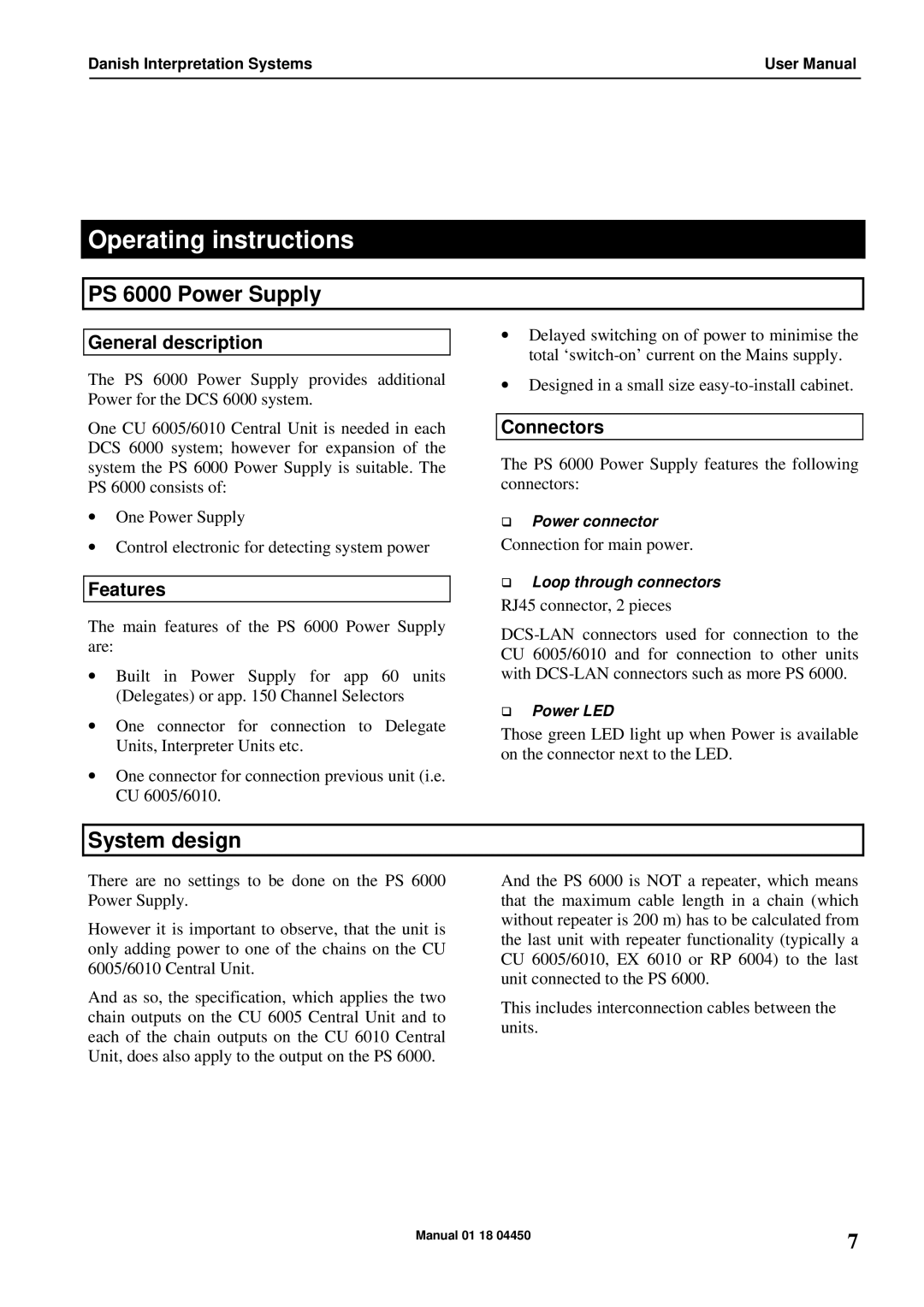 Listen Technologies user manual Operating instructions, PS 6000 Power Supply, System design 