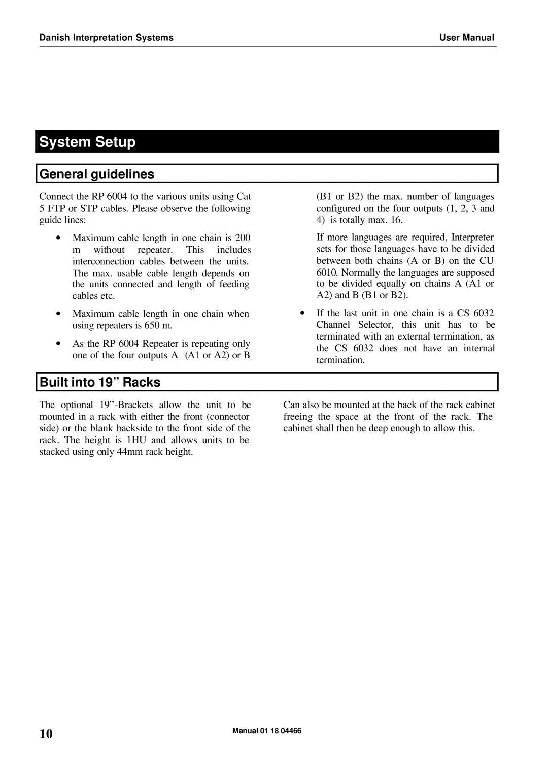 Listen Technologies RP 6004 user manual System Setup, General guidelines, Built into 19 Racks 