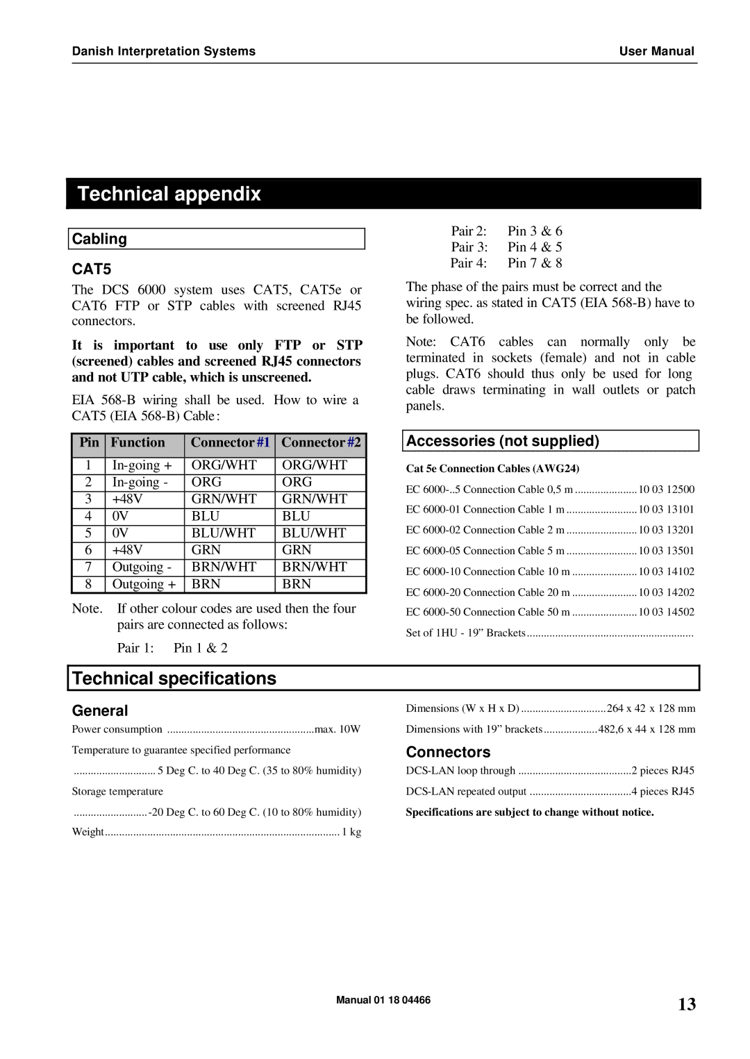 Listen Technologies RP 6004 user manual Technical appendix, Technical specifications 