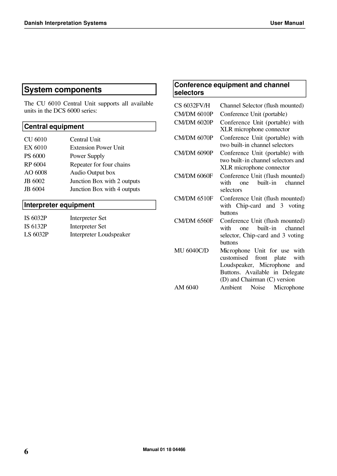 Listen Technologies RP 6004 user manual System components, Central equipment, Interpreter equipment 