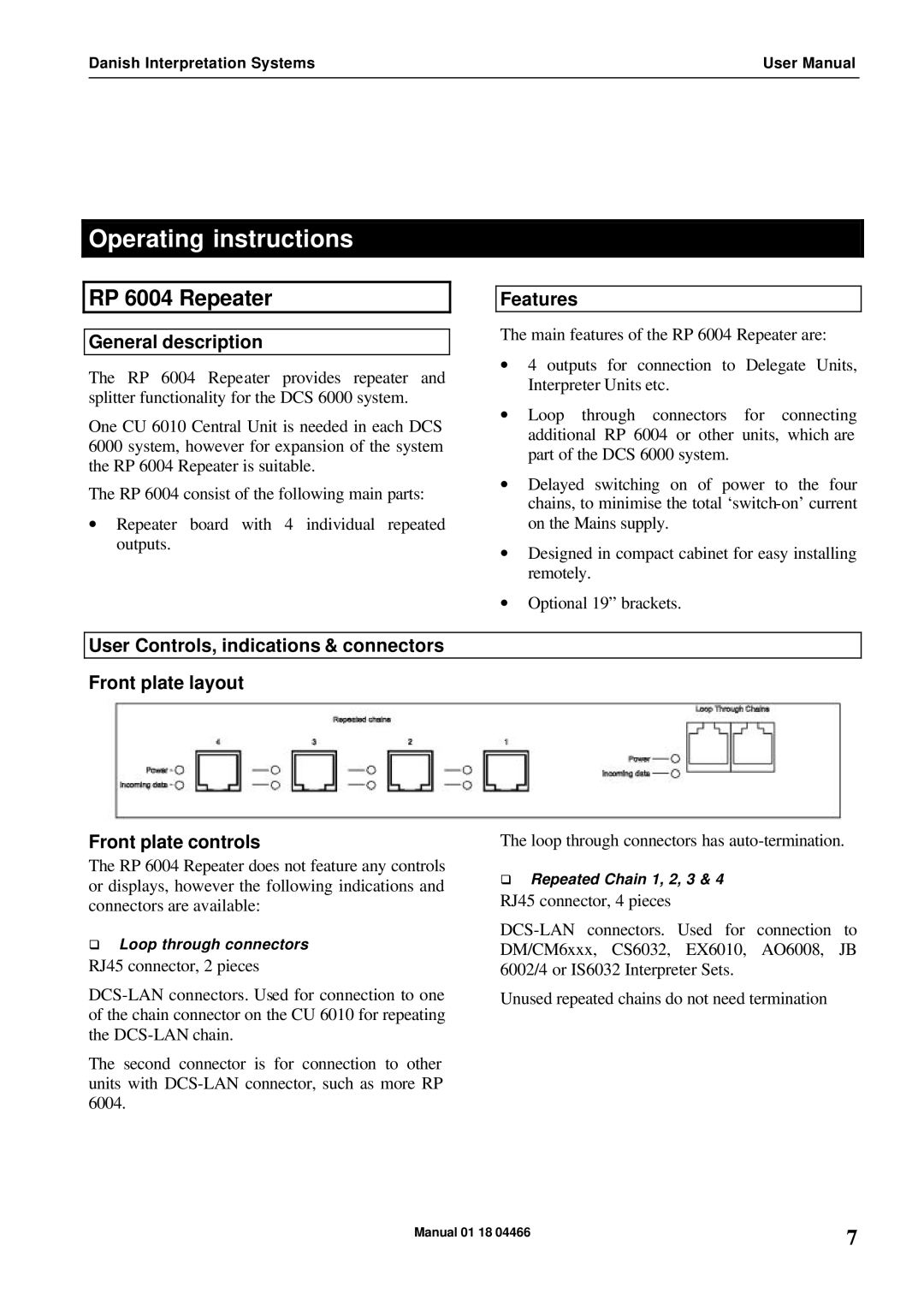 Listen Technologies user manual Operating instructions, RP 6004 Repeater, General description, Features 