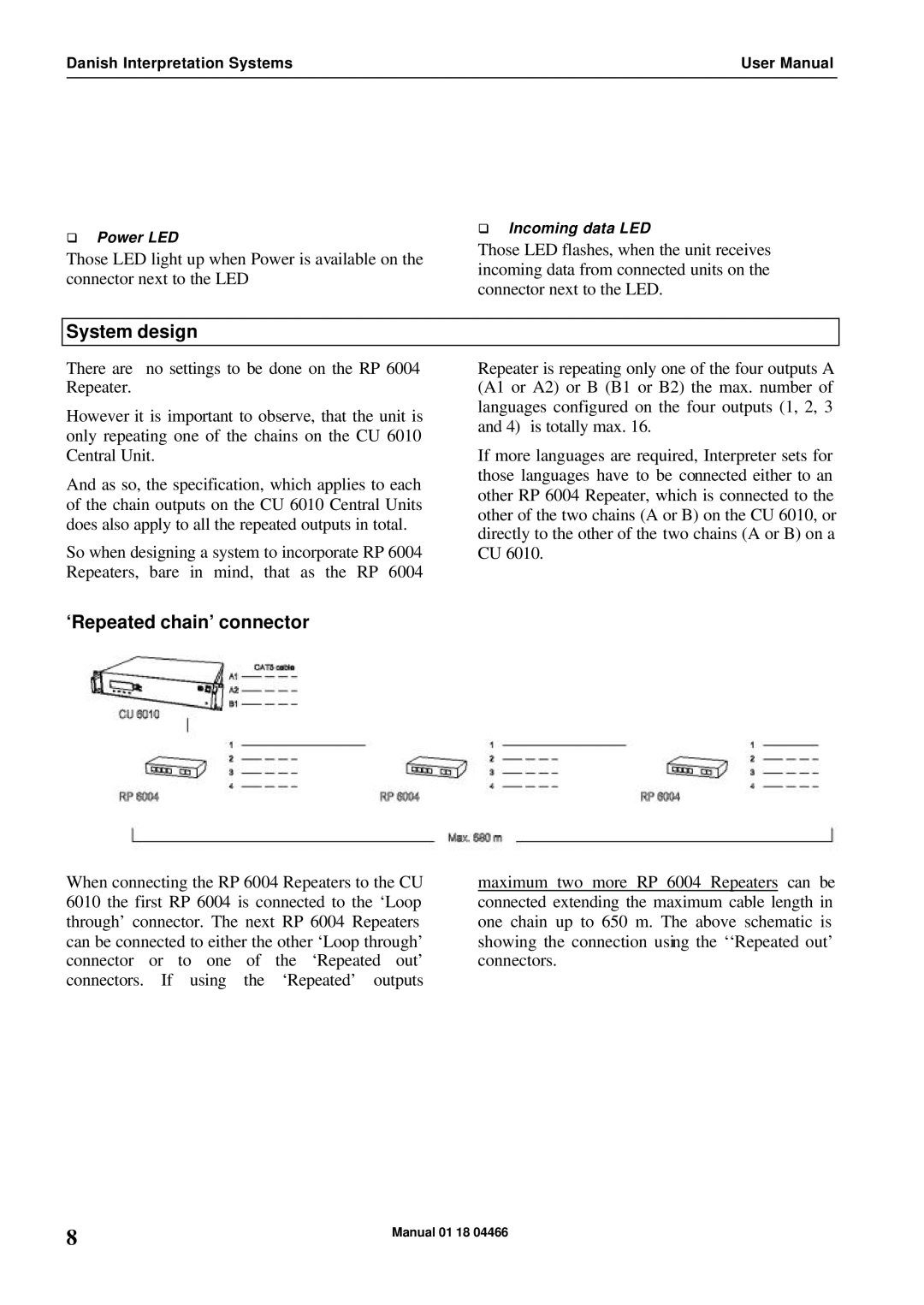 Listen Technologies RP 6004 user manual System design, ‘Repeated chain’ connector 