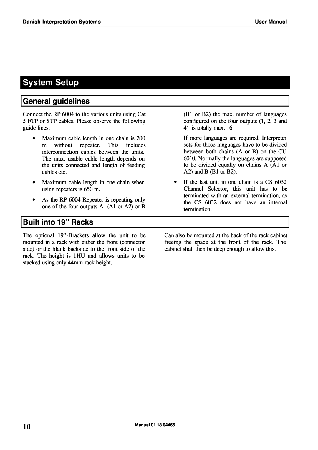 Listen Technologies RP 6004 user manual System Setup, General guidelines, Built into 19” Racks 