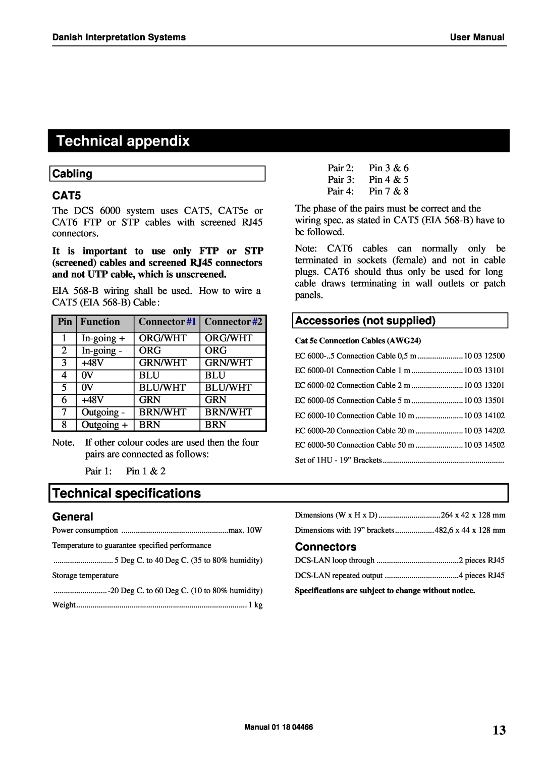 Listen Technologies RP 6004 Technical appendix, Technical specifications, Cabling CAT5, Accessories not supplied, General 