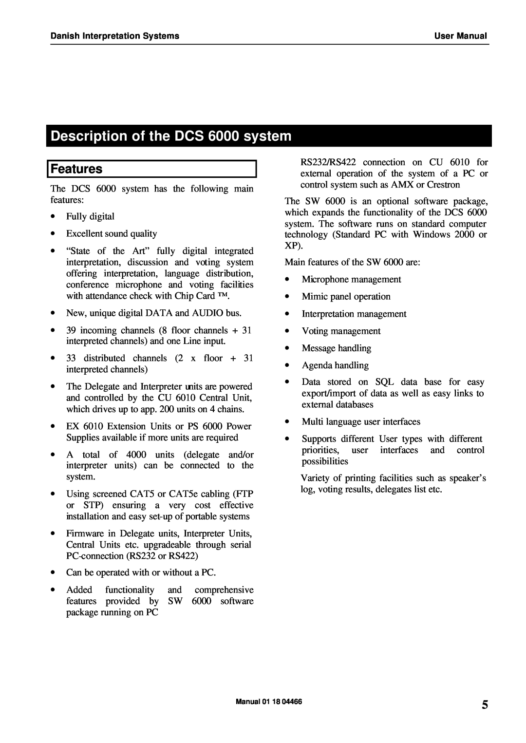 Listen Technologies RP 6004 user manual Description of the DCS 6000 system, Features 