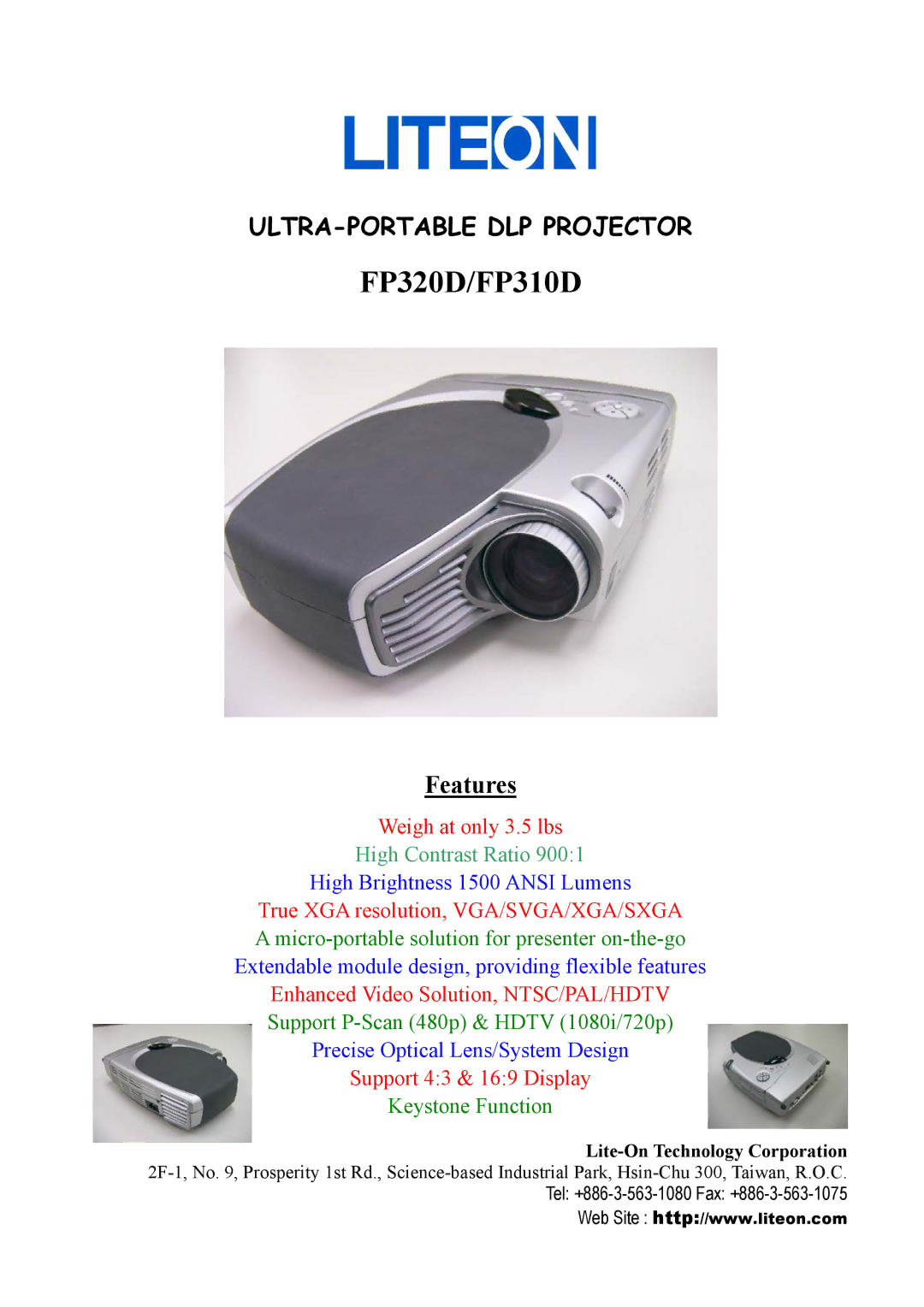 Lite-On manual FP320D/FP310D, Features, Weigh at only 3.5 lbs, True XGA resolution, VGA/SVGA/XGA/SXGA 