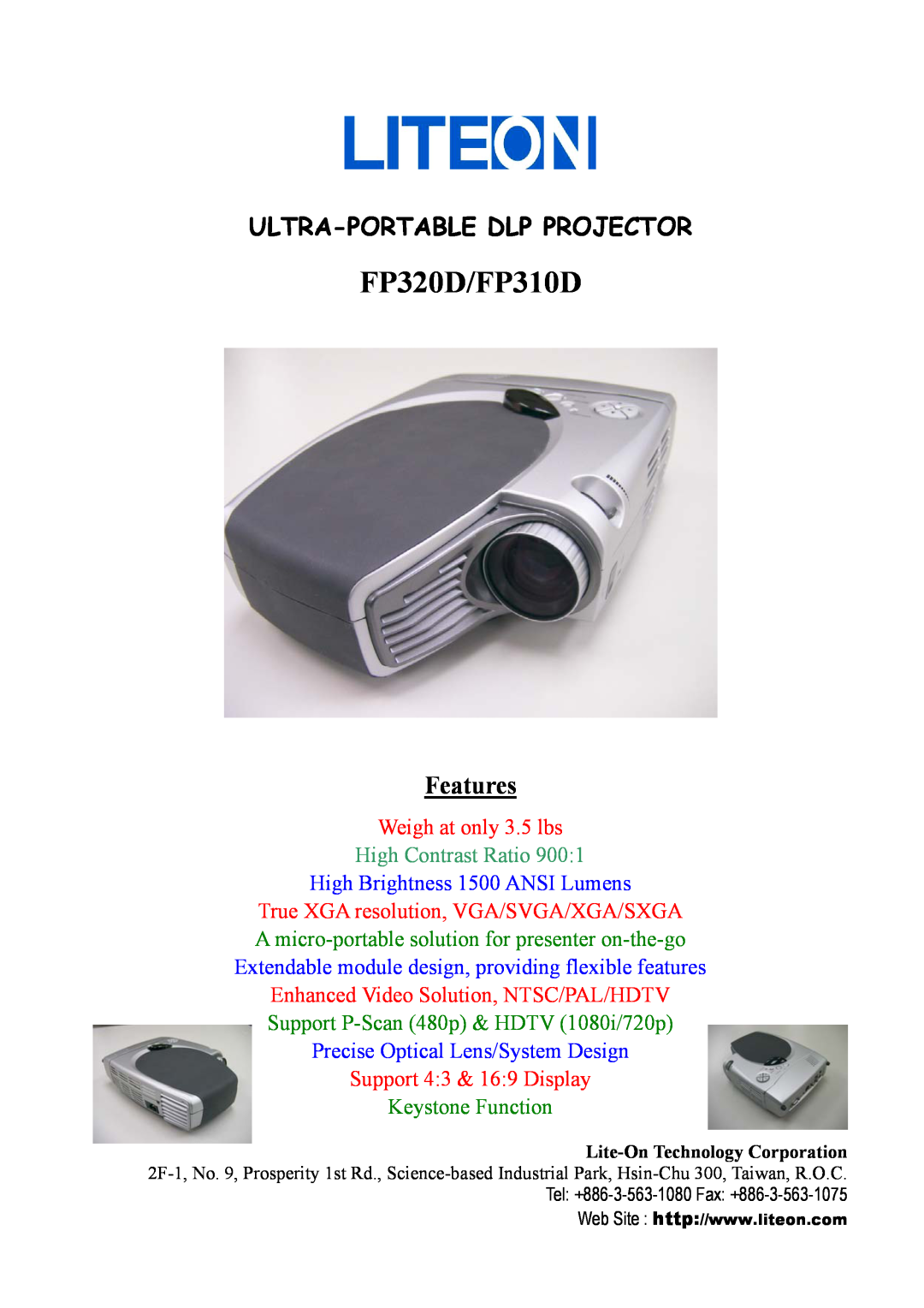 Lite-On manual FP320D/FP310D, Ultra-Portable Dlp Projector, Features, Weigh at only 3.5 lbs, High Contrast Ratio 