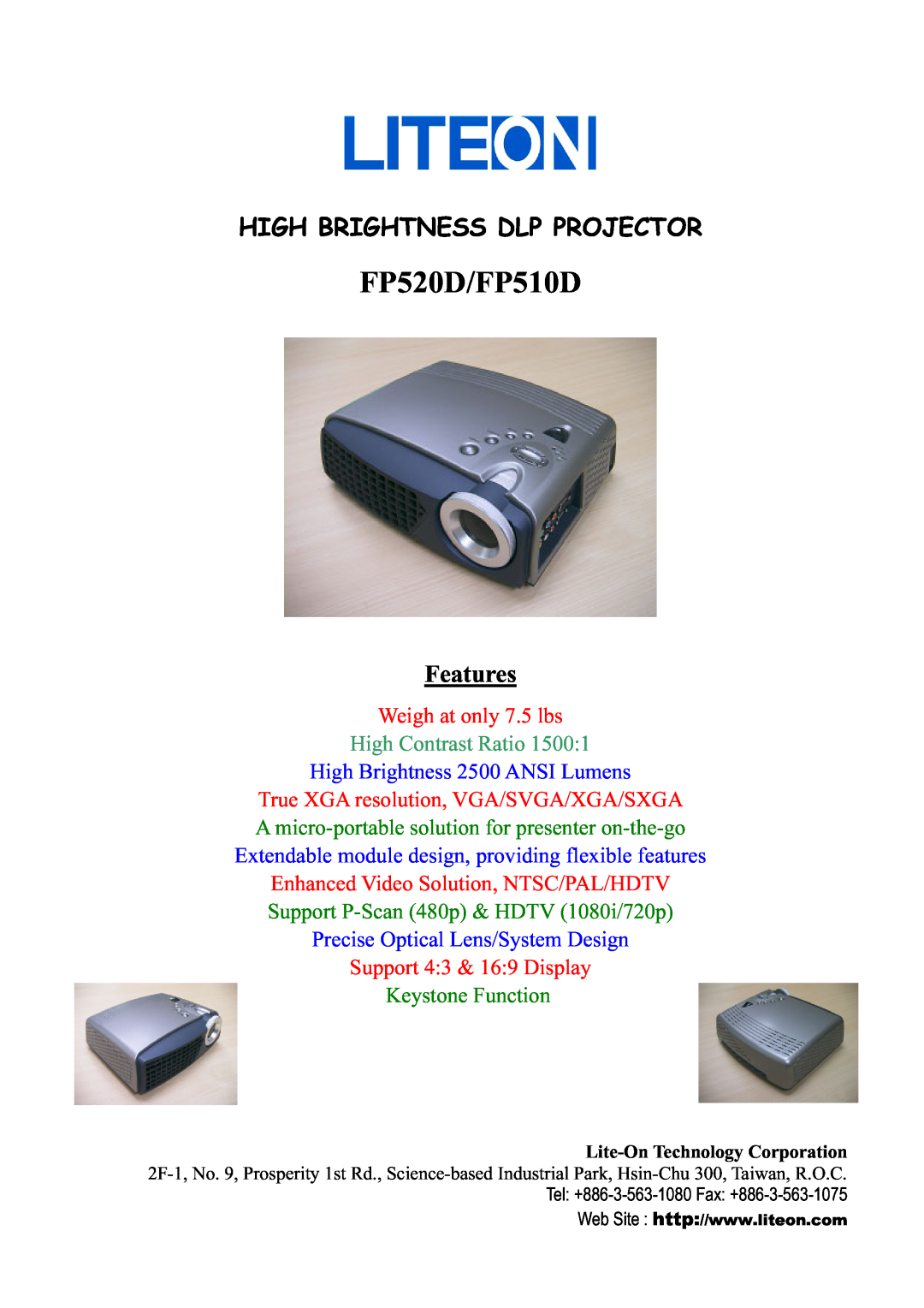 Lite-On manual FP520D/FP510D, High Brightness Dlp Projector, Features, Weigh at only 7.5 lbs, High Contrast Ratio 